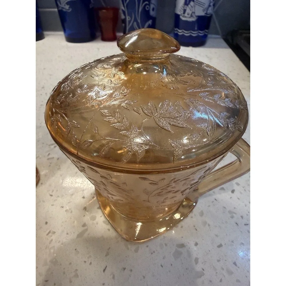 Jeannette Floragold Carnival Creamer Sugar & Lid Mid Century Depression Glass